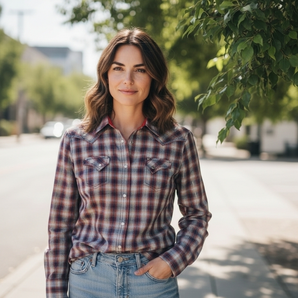 Plaid Button-Down Shirt With Embroidery Details And Rhinestone Buttons
